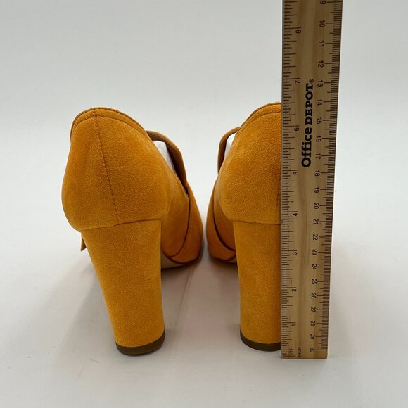 YDN Yellow Chunky High Heels Square Toe Loafer Shoes Slip On Suede Office Pumps - Picture 5 of 6